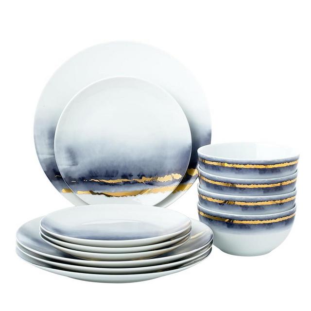 Joseph Sedgh Collection “Lazuli” 12-Piece Porcelain Dinnerware Set, Service for 4, Blue and Gold