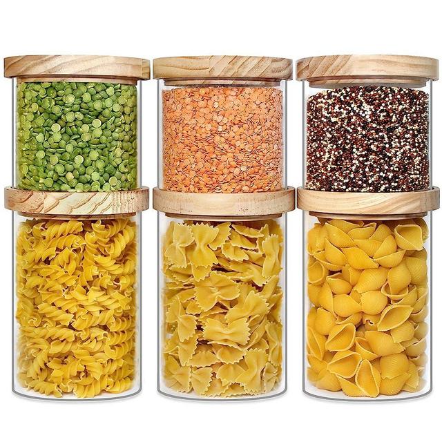 Urban Green Glass Food Storage Containers with Wood Lids, Glass Jars with thick solid wood Lids, Glass jars with airtight Lids, Airtight Glass Canisters set, Glass Storage Jars with Wood Lid, Glass Food Pantry Jars(6Pack)