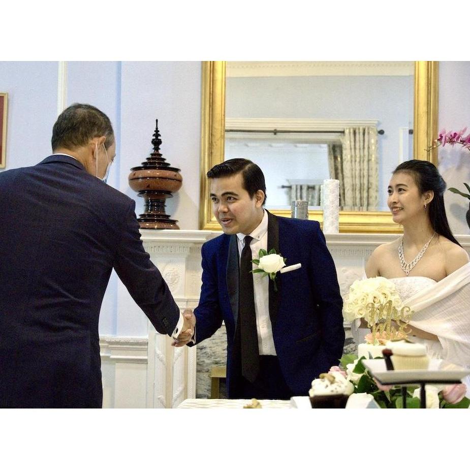 Myanmar Ambassador to the U.S. U Aung Lynn and spouse Daw Kaythi Kyi Wynn, who in the ambassador’s capacity, signed and officially sealed our Marriage Certificates in accordance with Myanmar law.