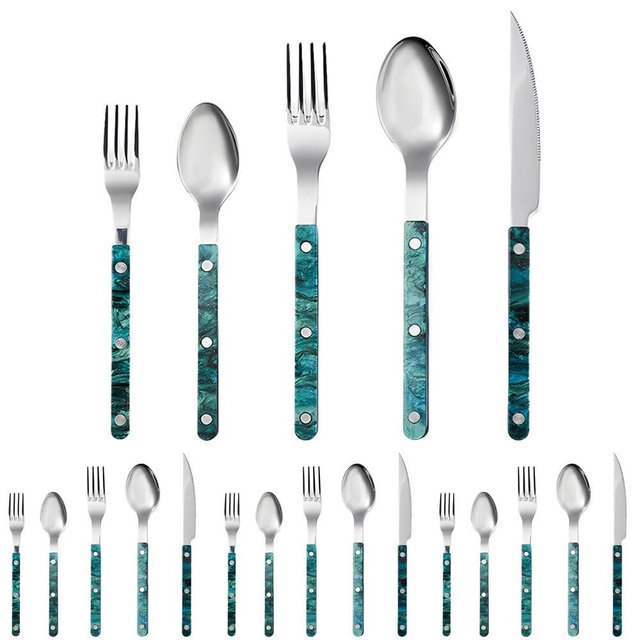 Acrylic Clamp Handle Kitchen Stainless Steel Silverware Tableware Flatware Cutlery Set Steak Knife Fork Spoon Teaspoon (Green,20 pieces)