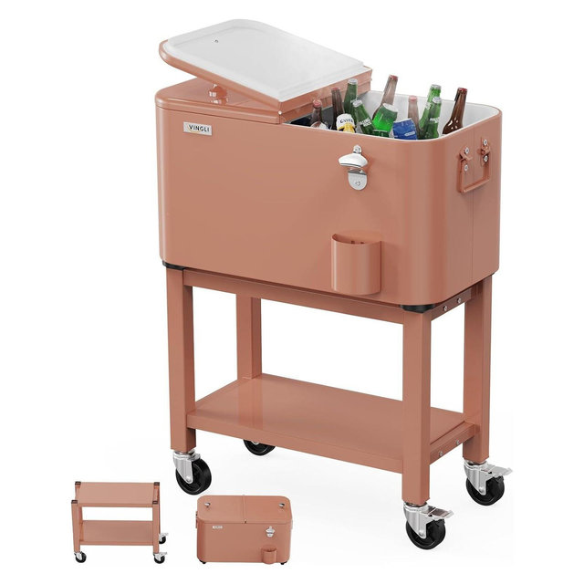 VINGLI Patio Cooler, Rolling Ice Chest on Wheels, Portable Patio Party Bar Drink Cooler Cart Latte