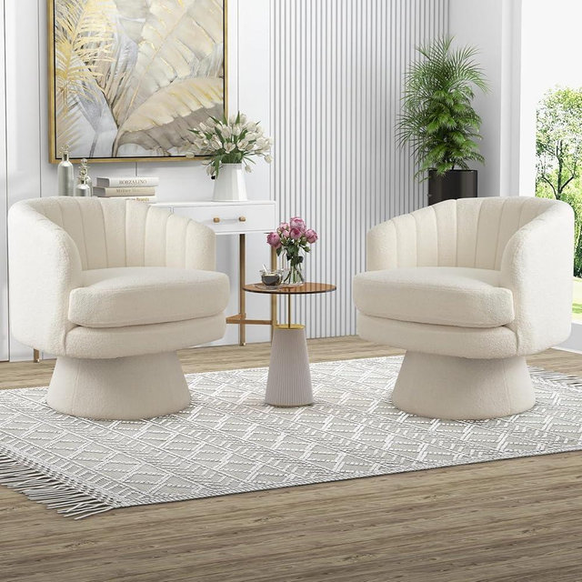 CANMOV Swivel Accent Chair with Armrest Set of 2, Modern 360 Degree Swivel Barrel Chair with Curve Back and Soft Cushion,Comfy Round Sherpa Teddy Armchair Single Sofa for Living Room,Beige