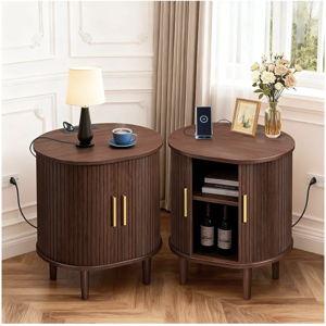 DHH Mid Century Modern Nightstand Set of 2 with Charging Station, Fluted Accent Side Table with Sliding Door & Adjustable Shelf, End Table for Small Space, Living Room, Bedroom,Sofa Couch(2, Walnut)