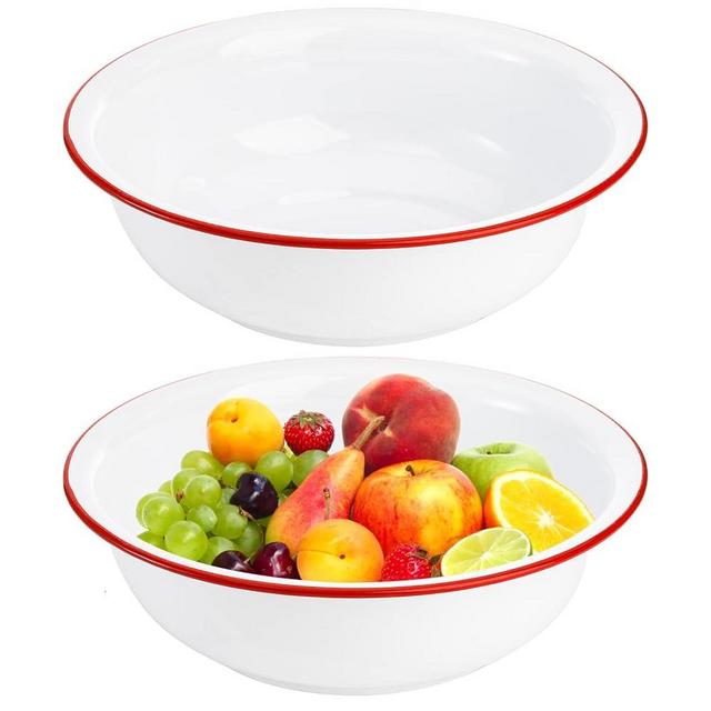 Elsjoy Set of 2 Enamel Bowl, 3 Quart Large Enamel Mixing Bowl White Enamelware with Red Rim, 11 Inch Vintage Enamel Soup Basin for Fruit, Salad, Pasta, Dinner