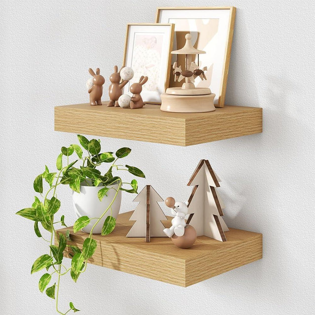 FLYJOE Deep Floating Shelves for Wall | 16 Inch Wide x 12 Inch Deep Floating Shelves Set of 2 | Rustic Oak Deep Wall Shelves | Deep Shelves for Wall | Bookshelf Laundry Shelf TV Shelf Nightstand - Oak
