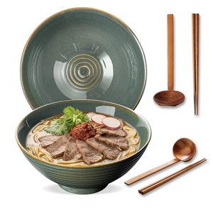 8 Inch Ceramic Ramen Bowl Set of 2, 40oz Japanese Bowls with Spoons & Chopsticks,Durable,Microwave & Dishwasher Safe,Perfect for Ramen,Pho,Salad,Soup,Noodles，Mixing bowls（Dark Teal）