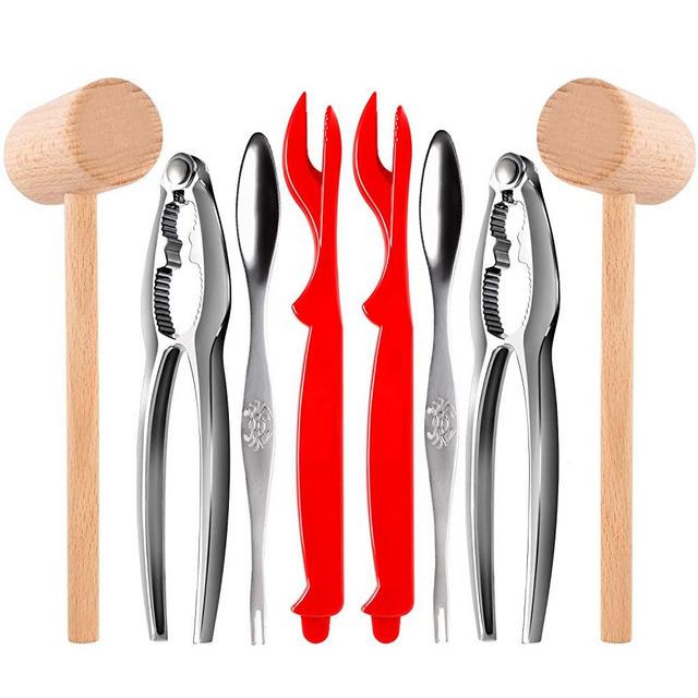 8Pcs Seafood Tools Set including 4 Forks and 2 Lobster Crackers Nut Cracker 2 Lobster Crab Mallets(Red Lobster Shellers)
