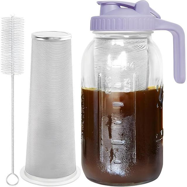 JunVpic Cold Brew Coffee Maker Jar - 64oz Thick Glass Multipurpose Mason Pitcher Spout Lid with Handle & Stainless Steel Filter for Iced Coffee, Lemonade, Ice Tea, Homemade Fruit Drinks Container