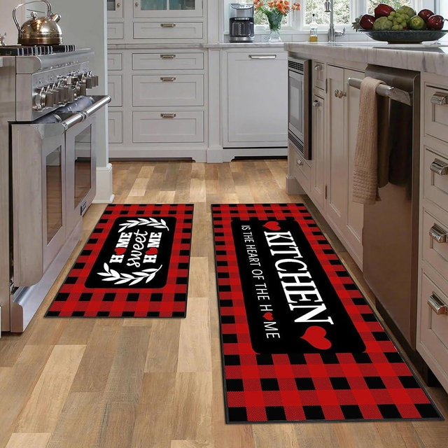 JWXCBIM Red and Black Buffalo Plaid Kitchen Rug Set of 2, Farmhouse Style Kitchen Floor Mats, Absorbent Checkered Kitchen Decor Rugs 17x30+17x47 Inches