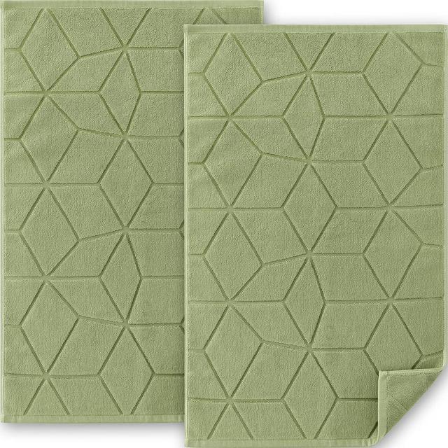 2PC Cotton Bath Mats Set – Hotel Quality | 1100GSM Thick | 19"x30", Soft Turkish Terry Cloth Bath Mats for Bathroom Floor, Washable & Absorbent, Green, [Not a Bath Rug], Dorm Bathroom Essentials