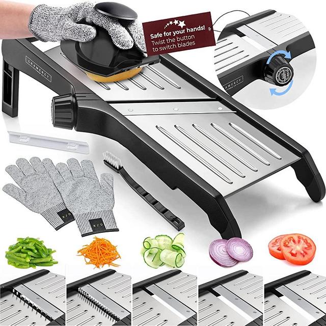 Gramercy Kitchen Co. Adjustable Stainless Steel Mandoline Food Slicer - Comes with One Pair Cut-Resistant Gloves || Vegetable Chopper Onion Slicer Potato Slicer Chip French Fry Julienne Slicer