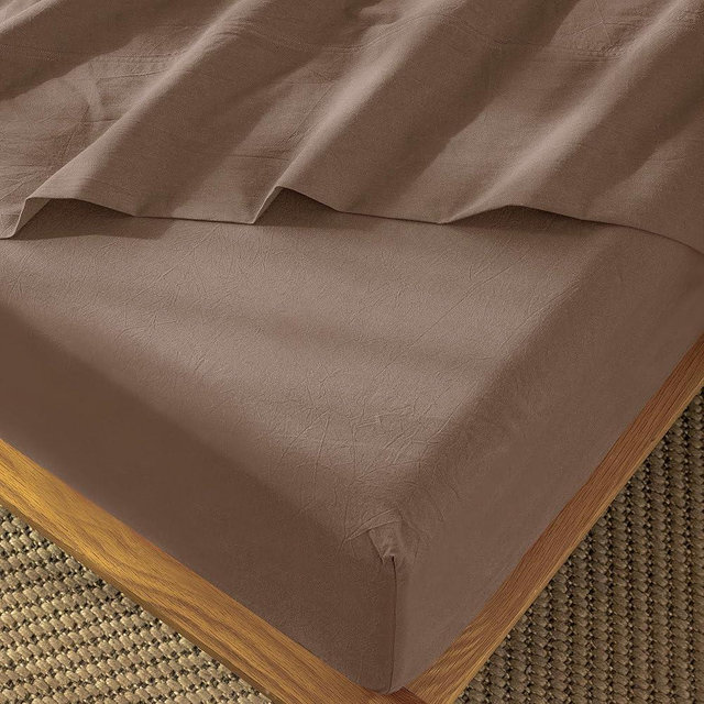 MooMee Fitted Bottom Sheet Only 100% Washed Cotton Linen Like Textured Breathable Durable Soft Comfy Deep Pocket Fits Mattress up to 17" (Brown, King)