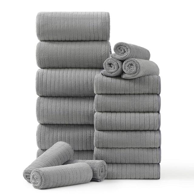 18 Piece Family Bath Towel Set Include 6 Bath Towels,6 Hand Towels and 6 Washcloths Soft Bathroom Towel with Hanging Loops,Highly Absorbent Quick Dry Towels Set for Bathroom,Hotel and Spa-Grey