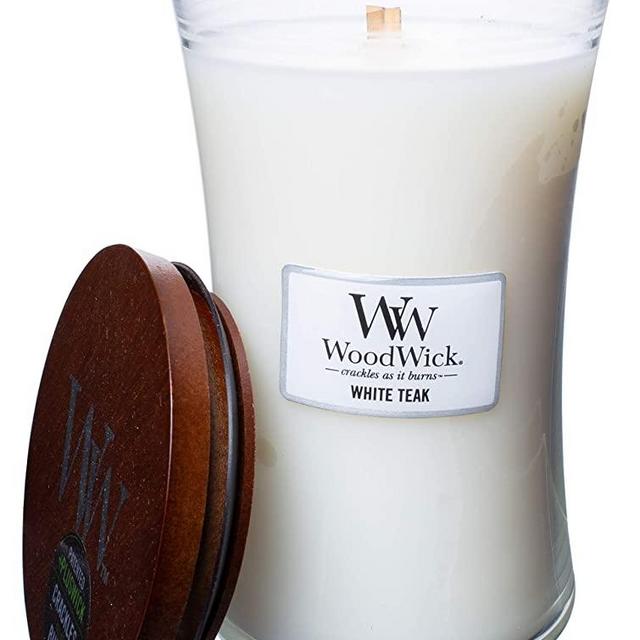 Wood.Wick WW White Teak, Highly Scented Candle, Classic Hourglass Jar, Large 7 inches, 21.5 OZ