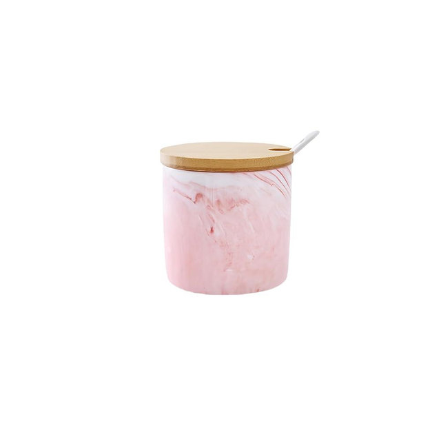 YORROR 300ml Marble Ceramic Sugar Bowl with Bamboo Lids Spoon,Porcelain Salt Bowl Condiment Jar Spice Container Seasoning Condiment Pot Honey Jar for Home Kitchen (Pink)
