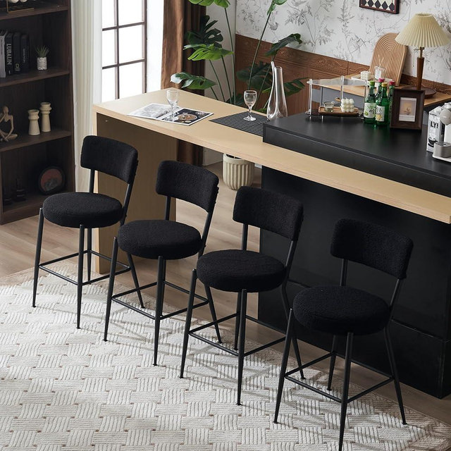 Secsofier Barstool Set of 2,Counter Height Stools with Back and Plush Teddy Fabric Seat, 300 lb Capacity, Adjustable Footrest, Modern Barstools for Home, Bar, Cafe,Black