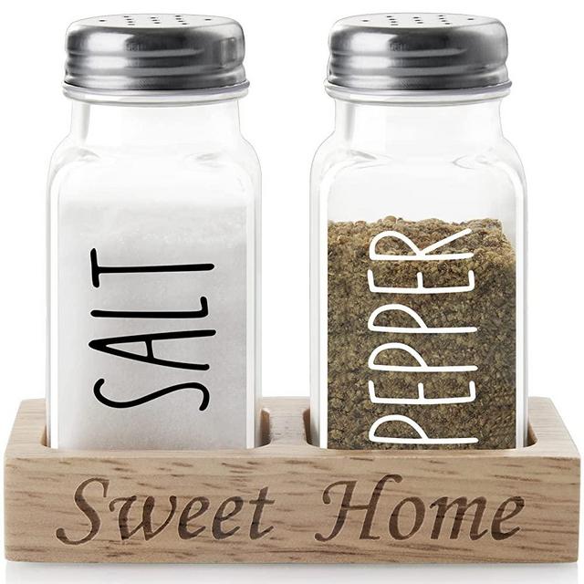 Salt and Pepper Shakers with Holder, Dopeca Glass Salt Shaker with Wood Tray for Counter or Table, Salt and Pepper Shakers Set for Kitchen or Restaurant, Easy Refilling, 2.7 oz