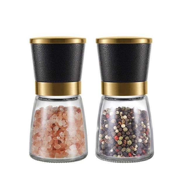 VEVOK CHEF Salt and Pepper Grinder Set Stainless steel Salt and Pepper Shaker Set Gold Marble style Ceramic Adjustable Coarseness Spice Grinder Black Peppercoren , Sea Salt Mill Kitchen Gift