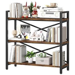 3 Tier Bookshelf 31.49" Width, Wood and Metal Etagere Bookcase, Vintage Farmhouse Modern Wooden Big Book Shelf for Home Living Room Bedroom Office Storage(Rustic Brown)