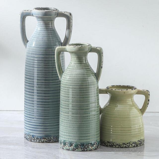 Lyeec Ceramic Vase Set of 3 with Handles - Farmhouse Vase Set for Modern Decoration, Rustic Crackle Round Vases for Home Decor, Dining Table, Living Room, Kitchen, Office, Shelf - Multicolor