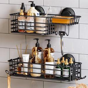 TAILI Shower Caddy Suction Cup 2 Pack with Hooks & Soap holder, Heavy Duty Shower Organizer for Bathroom, No Drilling Bathroom Organizer with Large Capacity, Black Metal Storage Basket