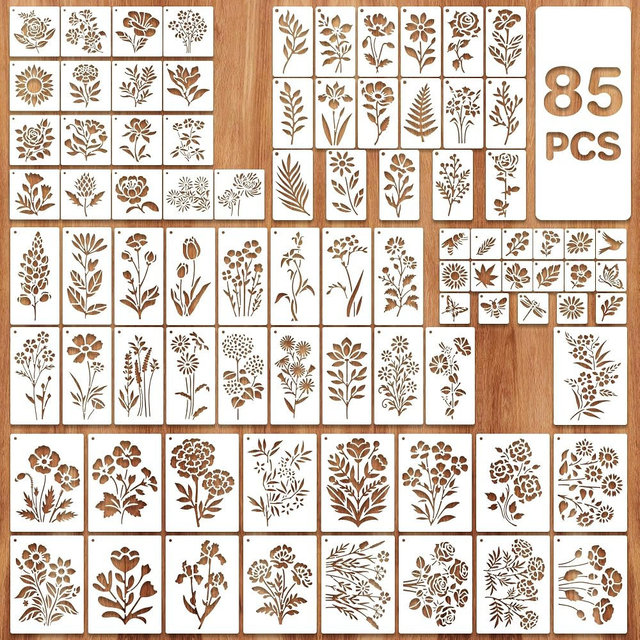 85Pcs Flower Stencils for Painting,Floral Stencils for Crafts Reusable,5Sizes Large Small Flowers Stencil for Art Projects Wildflower Stencil Drawing Templates On Journal Scrapbook(Flower Plants)
