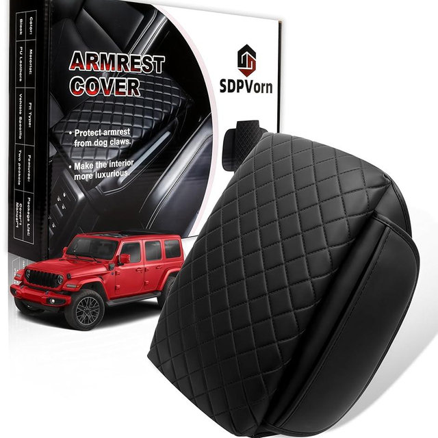 SDPVorn Armrest Cover for Jeep Wrangler JL Center Console Pad with Organizer Storage Pockets, Black Faux Leather Arm Rest Lid Cushion Accessories (2018-2026 Wrangler JL/Gladiator JT)