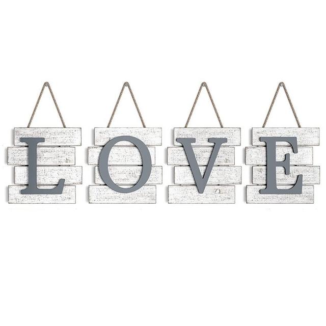 Barnyard Designs Love Wall Tile Sign, Distressed Rustic Farmhouse Wood Wall Decor for Home and Kitchen 32" x 8”