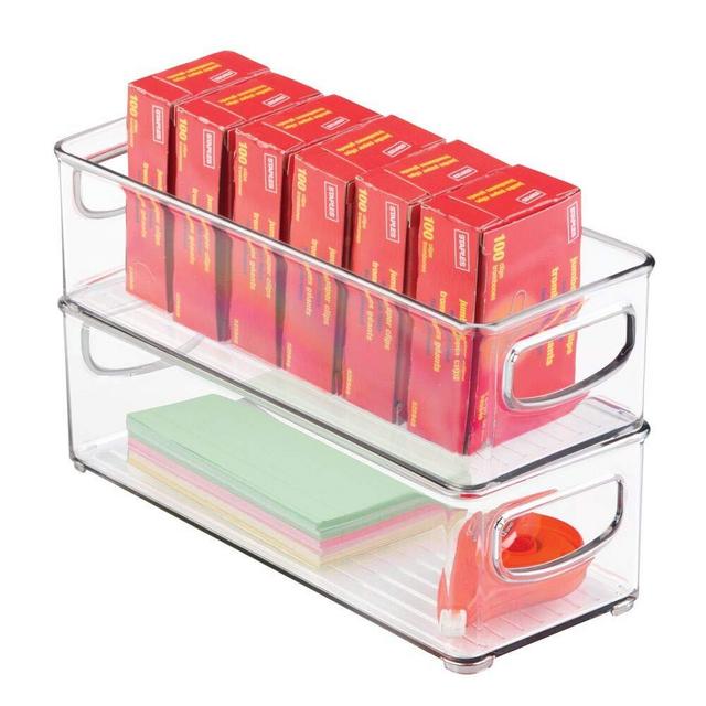 mDesign Stackable Plastic Home Office Storage Organizer Container with Handles for Cabinets, Drawers, Desks, Workspace - BPA Free - for Pens, Pencils, Highlighters, Tape - 10" Long, 2 Pack - Clear
