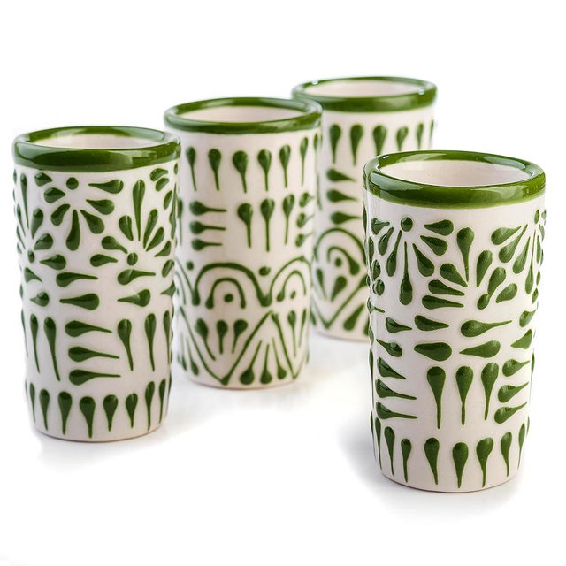 MEXTEQUIL - Talavera Shot Glasses Set of 4 Authentic Mexican Tequila Shot Glasses - Hand-painted - 2 Oz (Green Lace)