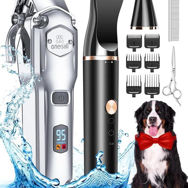oneisall Dog Grooming Kit for Heavy Thick Hair&Coats/Low Noise Rechargeable Cordless Pet Shaver with Stainless Steel Blade and Dog Paw Trimmer/Waterproof Dog Shaver for Dogs Pets Animals