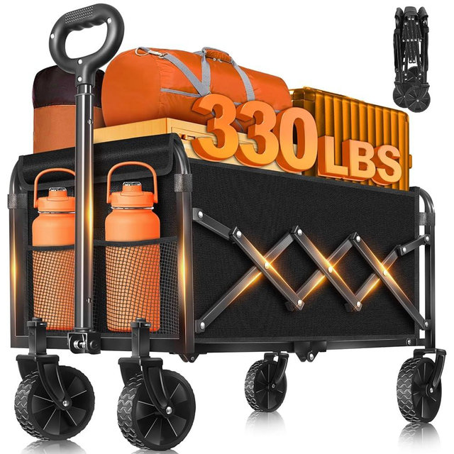 Wagons Carts Foldable,330lbs Collapsible Wagon with Wheels, Lightweight Foldable Wagon Cart with Drink Holders for Camping,Travel,Picnic,Shopping,Sports,Storage,Black