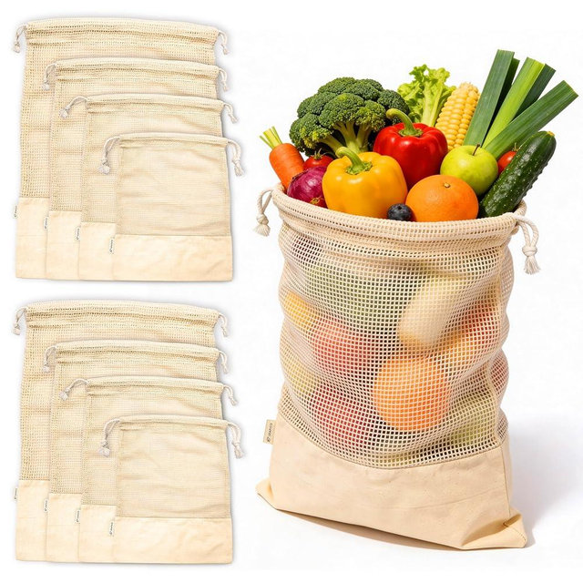 LEAFICO Reusable Produce Bags – 100% Cotton Mesh & Solid Hybrid (Mixed Sizes 8 Pcs – S/M/L/XL) – Multi-Use Grocery & Storage Bags for Fruit, Vegetables, Toys, Clothes, Travel – Washable, Zero Waste