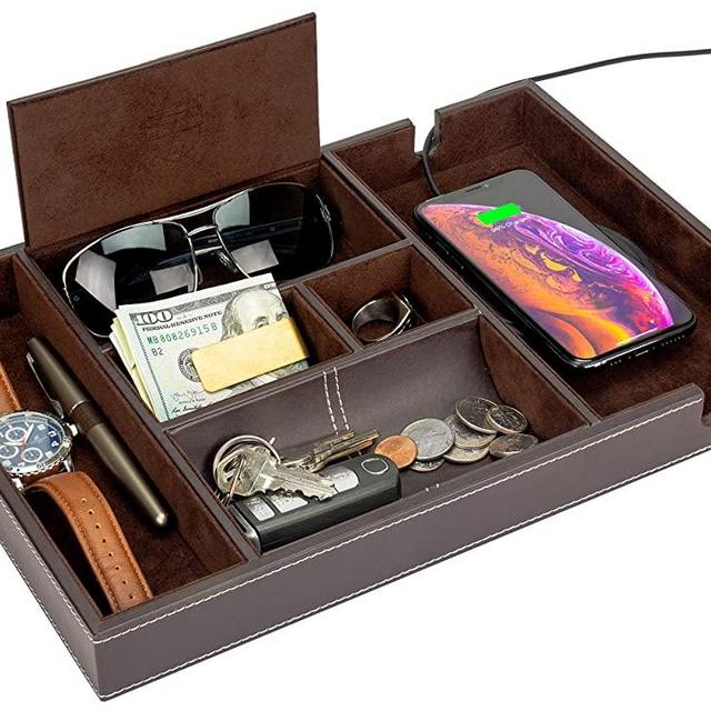 HOUNDSBAY Leather Valet Tray for Men, EDC Catch All Tray Men, Dresser Valet Tray Nightstand Organizer Jewelry Wallet Desk Accessory, Bedside Entryway Mens Valet Tray Key Catchall Dump Station Box