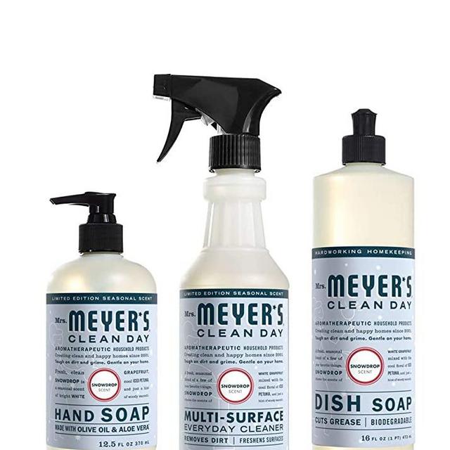 New Limited Edition Seasonal Winter Christmas Scent Mrs. Meyer's Clean Day Kitchen Basics Set: Dish Soap, Hand Soap, Everyday Cleaner (Snow Drop)