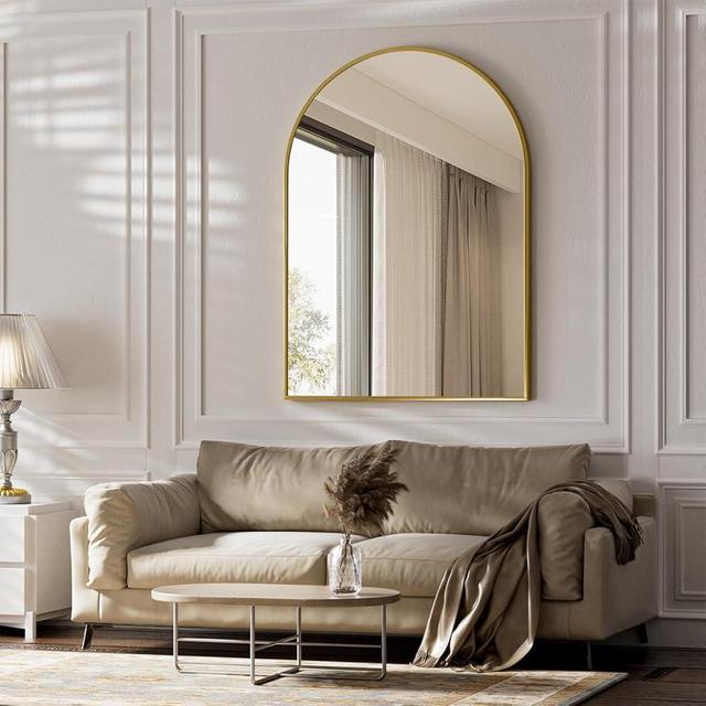 BEAUTYPEAK 30"x40" Arch Bathroom Mirror, Wall Mounted Vanity Metal Frame Mirror for Bedroom, Entryway, Living Room, Gold