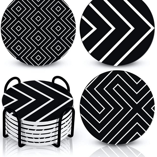 Emerson Essentials Coasters for Drinks Absorbent with Holder, Set of 6, Modern Style Ceramic Geometric Stone for Wooden Table with Cork Base, Glass Coffee Tabletop Protection (U.S.A. Based Company)