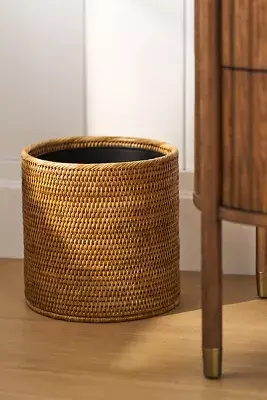 Handwoven Rattan Round Waste Basket with Metal Liner
