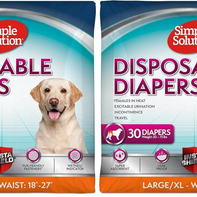 Simple Solution Disposable Dog Diapers, Female Dog-Diapers, Puppy Potty Training, Incontinence and Heat Cycle Protection, Large-Diapers for Dogs, 18-27 Inch Waist, 30 Count (Pack of 2)