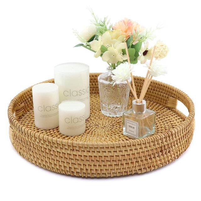 Handwoven Rattan Round Serving Tray, Natural Wicker Decorative Tray for Serving, Coffee Table, Home Boho Décor and Entertaining, Gift Idea Choice