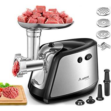 Electric Meat Grinder, Aobosi 3-IN-1 Meat Mincer & Sausage Stuffer,【1200W Max】Sausage & Kubbe Kits Included, 3 Grinding Plates,Stainless Steel | Home Kitchen & Commercial Use