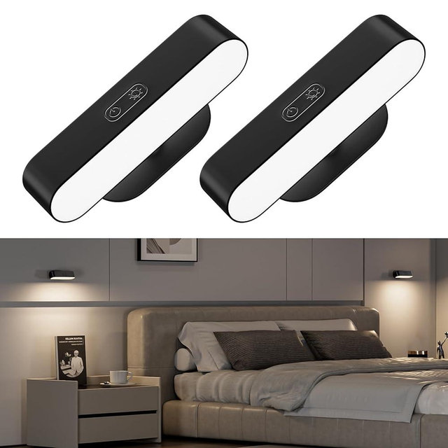 Hensam Wall Lights, Wireless Battery Operated Wall Sconces for Bedroom, LED Rechargeable Wall Sconce Set of Two for Living Room, Stick on Wall Mounted Lamp for Reading, 2 Pack