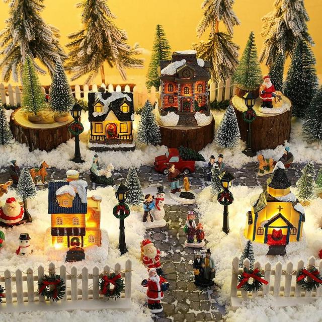 Wettarn 27 Pcs Christmas Village Sets Figurines Decoration LED Lighted Village Houses Collectible Buildings with Roads and Streets Xmas Town Scene Displays Gift for Christmas Home Decoration