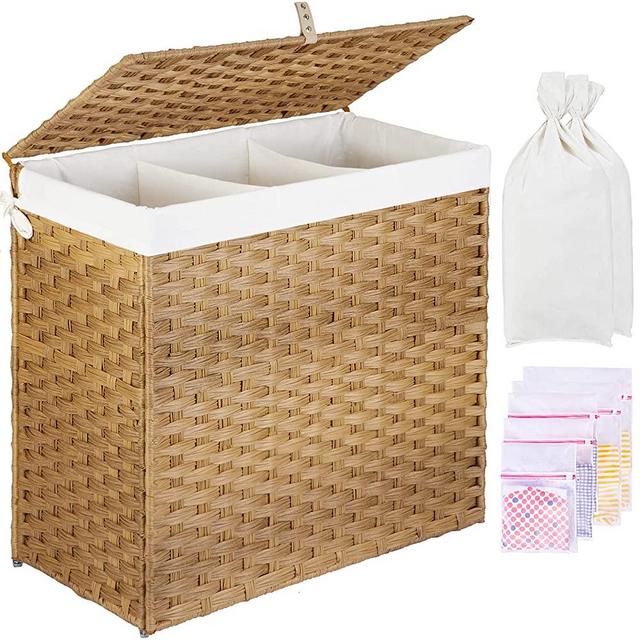 GREENSTELL Laundry Hamper with Lid, 125L Large 3 Sections Clothes Hamper with 2 Removable Liner Bags & 5 Mesh Laundry Bags, Handwoven Synthetic Rattan Divided Laundry Basket for Clothes, Toys Natural