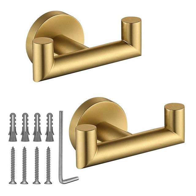 Towel Hooks for Bathrooms, Gold Towel Hook for Kitchen Bathroom, SUS304 Stainless Steel Coat Hook, Heavy Duty Double Towels Holder Hooks for Hanging Towels, Coats,sponges, Clothes, Wall Mount, 2 Pack