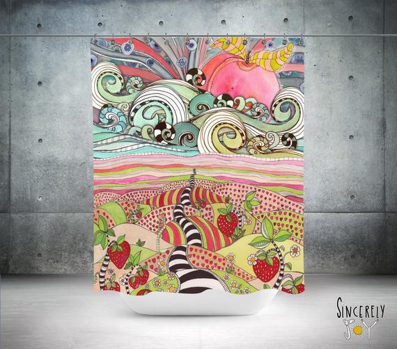 COLORFUL Shower Curtain Ocean Strawberry Fields Artwork Fun Hippy Boho Artwork Artist Designed Painted Bathroom Accessories - Happy Bathroom