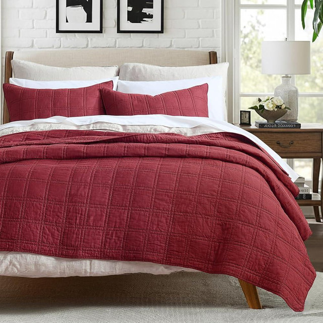 HORIMOTE HOME 100% Cotton Quilt Set King Size, Burgundy Red Pre-Washed Bedspreads Coverlet Set in Geometric Pattern, Cozy Lightweight Stitching Decorative Bedding Cover with 2 Shams for All Season