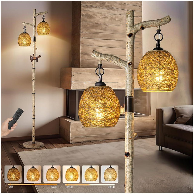 68.5" Rustic Farmhouse Remote Control Switch Birch Tree Floor lamp with Bird Nest Lantern Shade Vintage Standing Lamp for Living Room Bedroom Hotel Bar Office Wood House(LED Bulb Included)