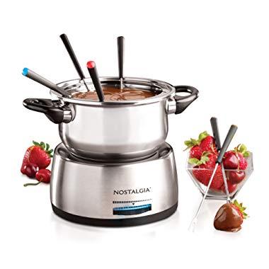 Nostalgia FPS200 6-Cup Stainless Steel Electric Fondue Pot with Temperature Control, 6 Color-Coded Forks and Removable Pot - Perfect for Chocolate, Caramel, Cheese, Sauces and More
