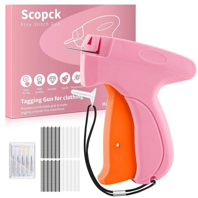 Stitch Gun for Clothes - Handheld Stitch Gun Quick Clothing Fixer - Tagging Gun - Includes 6 Needle, 1000 Black Fasteners & 1000 White Fasteners (Pink/Orange)